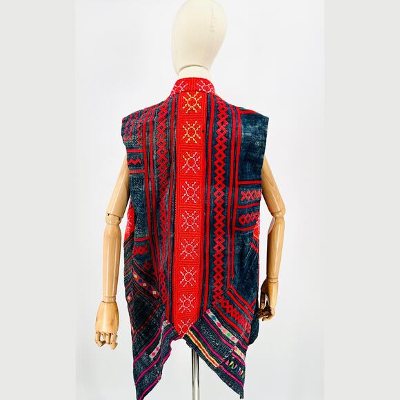 Vintage Hmong Indigo Blue Neon Red Embroidered Cotton Tribal Vest - Picture 6 of 9